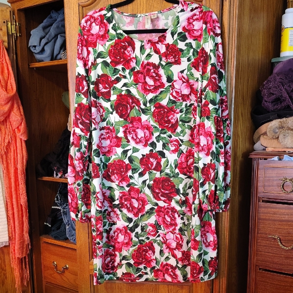 Tacera Red and Green Floral Long Sleeve Dress